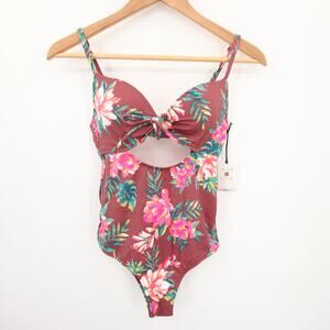 Shade & Shore One Piece Swimsuit Maroon Brown Pink Floral Print Tropical 32B